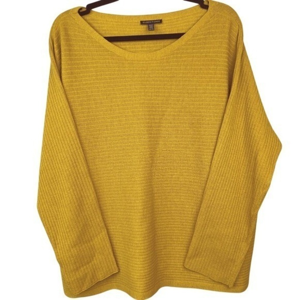 Eileen Fisher 100% Italian Wool Ribbed Boat Neck Sweater Size XLT Mustard Yellow